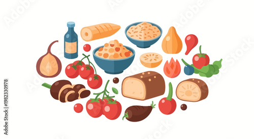 Assorted fresh ingredients for healthy eating arrangement on white background