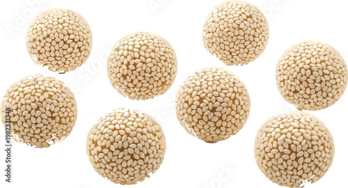 Sesame seed balls set, sweet dessert snacks with crunchy coating, traditional Asian confectionery, detailed food vector illustration