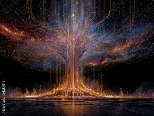 Digital data tree with glowing streams at night, futuristic technology concept