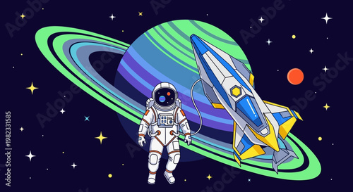 Astronaut and rocket exploring space near colorful planet with stars
