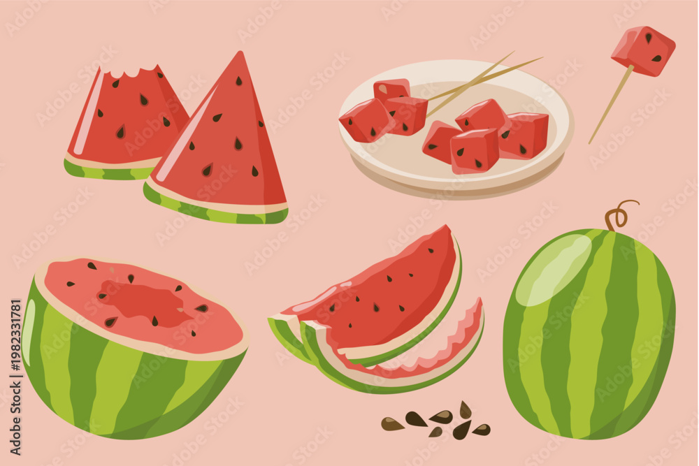 Fototapeta premium A vibrant collection of fresh watermelon pieces including whole fruit, slices, triangles, cubed pieces on a plate and skewer on a soft pink background. Perfect for summer, food, healthy eating, and se