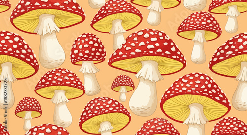 Vintage Amanita Muscaria mushroom seamless pattern, botanical fly agaric fungi background, red and white toadstool forest vector illustration