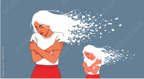 Depressed woman with shattering hair representing mental health struggle, sad female character feeling broken, psychological trauma and grief vector