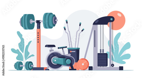 Gym equipment illustration in a flat design style against a white background