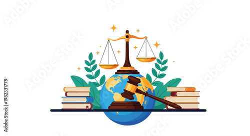 Wooden gavel and scales of justice rest upon globe representing international law and global legal system principles across the world.