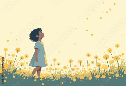 stylized double exposure childs silhouette looking up, filled bright, sunny field yellow dandelions blowing wind Innocence hope concept Pastel color palette Blank space above
