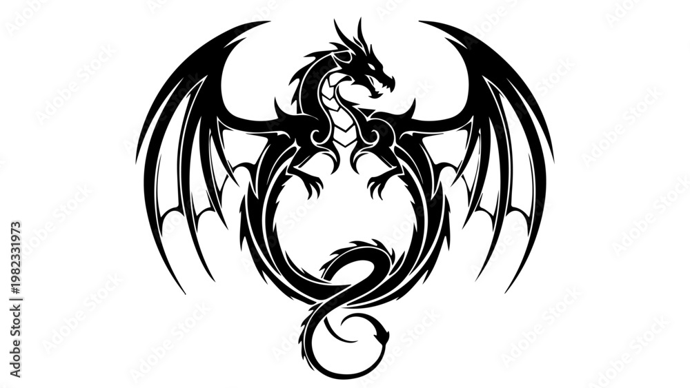 Fototapeta premium Silhouette of Fierce Tribal Dragon Emblem with Wings