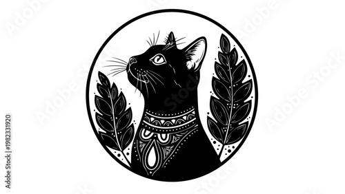 Elegant Black Cat Portrait with Tribal Patterns