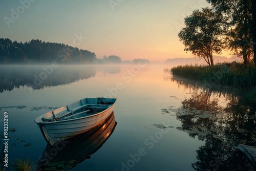 Sunrise over calm water with a small boat resting near the shore under a clear sky and trees in the distance