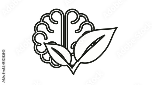 Minimalist black vector icon illustration of a human brain with leaves, symbolizing mental health, eco-friendly thinking, sustainable psychology, and the connection between nature and the mind.