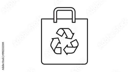 Eco-friendly reusable shopping bag vector icon with recycling symbol, black line art illustration of sustainable paper or cloth bag for green commerce and environmental conservation.