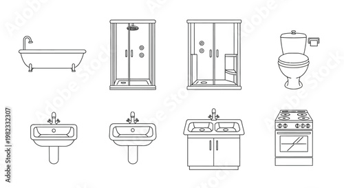Line drawing of bathroom and kitchen fixtures arranged in a grid