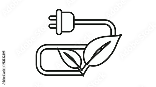 Green energy vector icon illustration featuring an electric plug connected to a battery with growing leaves, symbolizing sustainable power, renewable resources, clean electricity, and ecology.