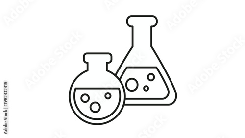 Minimalist black line art vector icon illustration of laboratory glassware featuring an Erlenmeyer flask and a round-bottom flask with bubbling liquid for science, chemistry, and research.