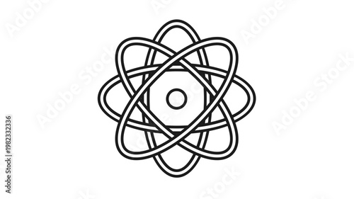 Minimalist black and white atom vector icon illustration featuring a central nucleus and elliptical electron orbits, perfect for science, physics, chemistry, and nuclear energy concepts.