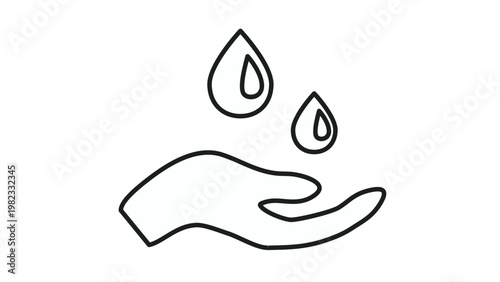 Hand with water drops vector icon. Minimalist black outline illustration of a palm catching liquid droplets, representing hygiene, hand washing, moisturizing, or water conservation symbol.