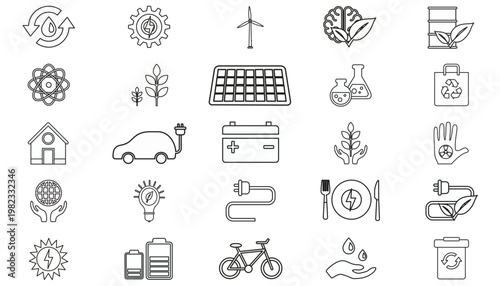 25 Black Vector Icon Set Bundle featuring Minimalist Symbols for Renewable Energy, Ecology, Sustainability, and Science. Includes Solar Power, Recycling, Electric Vehicles, and Green Technology.