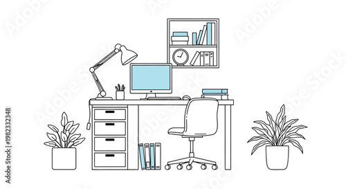 Modern minimalist office workspace illustration with computer and plants