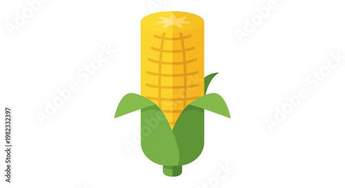 A single fresh yellow corn cob with green husks isolated on white background.