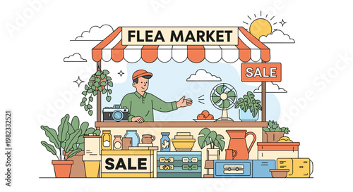 Friendly vendor stands at flea market stall offering variety of vintage goods and household items during outdoor sale event.