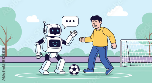 Friendly white robot and young man enjoy playing soccer together on outdoor sports field demonstrating advanced human robot interaction.