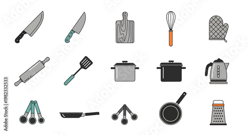 Kitchen utensils and cooking tools vector illustration on white background
