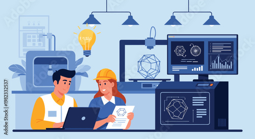 Male and female engineers collaborate in modern 3D printing workshop using laptop and specialized software for product development.