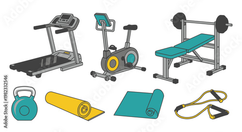 Gym equipment vector illustration treadmill exercise bike weights and more