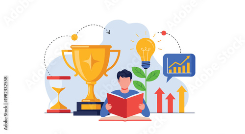 Dedicated individual focuses on reading book amidst symbols of success including trophy and growth charts representing self improvement.
