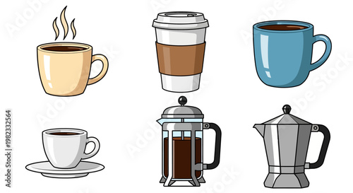 Assortment of coffee cups and brewing equipment illustrations on white background