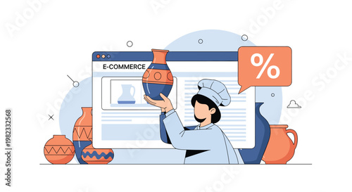 Professional chef or ceramic artist presents handmade pottery piece in front of e-commerce website interface with sale discount icons.
