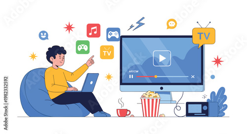 Man relaxes on comfortable beanbag while using laptop computer and pointing at large monitor filled with various digital entertainment icons.