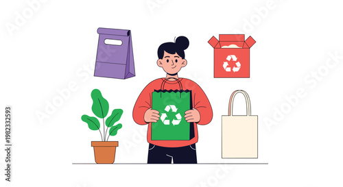 Young person holds reusable shopping bag surrounded by eco friendly packaging options like cardboard boxes and paper bags for sustainable living.