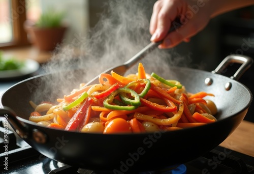 Dynamic Vegetable Wok Stir Fry in Steaming Kitchen Evoking Freshness and Wholesome Cooking Energy