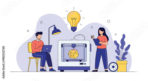 Team of engineers works together using advanced 3D printer and laptop to create precise geometric model in modern design workshop.