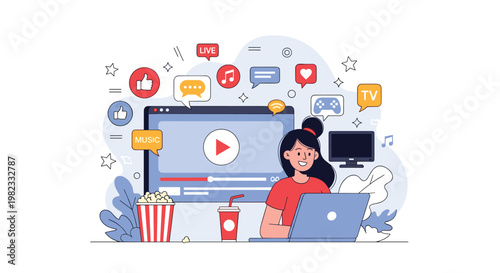 Young woman uses laptop computer to watch online video content surrounded by various social media and digital entertainment icons.