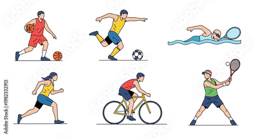 Athletic sports icons basketball soccer swimming running cycling and tennis