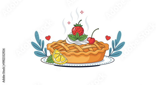 Delicious freshly baked fruit pie with lattice crust topped with cream and strawberries on decorative plate with lemon slice.