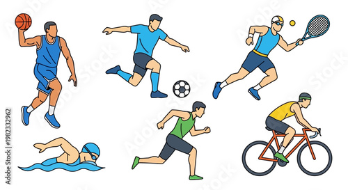 Athletic sports icons basketball soccer tennis swimming running cycling
