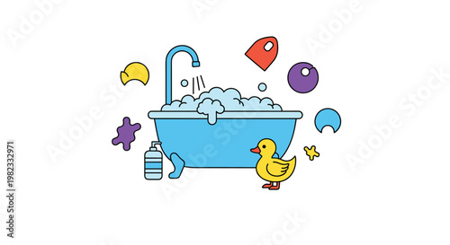 Blue bathtub is filled with soap bubbles and surrounded by fun colorful bath toys and accessories for children's bath time.