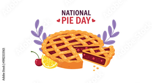 Delicious cherry pie with lattice crust served with a slice on the side for national pie day celebration illustration.