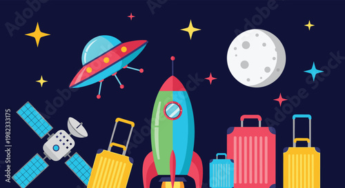Space exploration and travel concept showing a rocket, UFO, satellite, and moon alongside colorful travel suitcases.