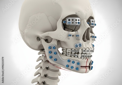 Skeletal model showing reconstruction with plates and screws after orthognathic surgery