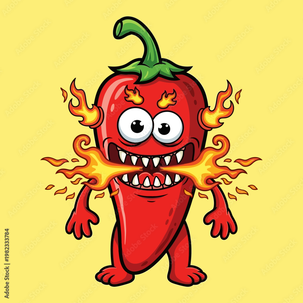 Fototapeta premium Spicy Red Chili Pepper Cartoon Character with Fiery Breath and Angry Expression.