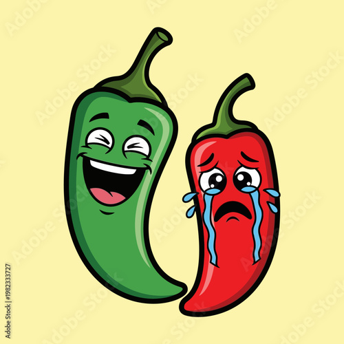 Cartoon illustration of a happy green chili pepper and a sad red chili pepper crying.