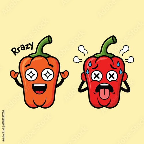 Cartoon illustration of two bell peppers, one crazy and one suffering from spiciness, on a light yellow background.