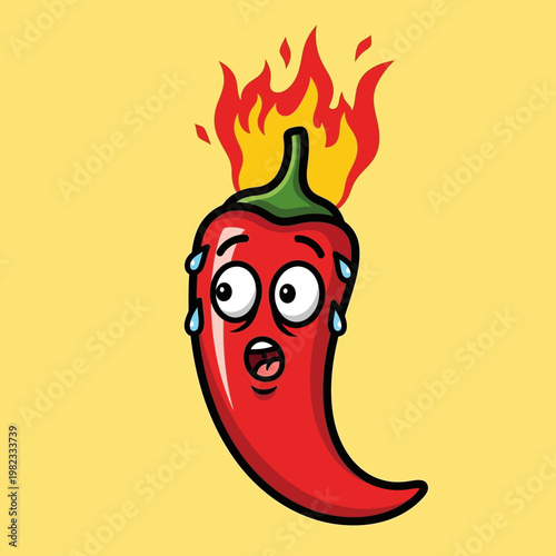 Cartoon Red Chili Pepper with Flames and Sweating Face, Expressing Spicy Heat and Shock.