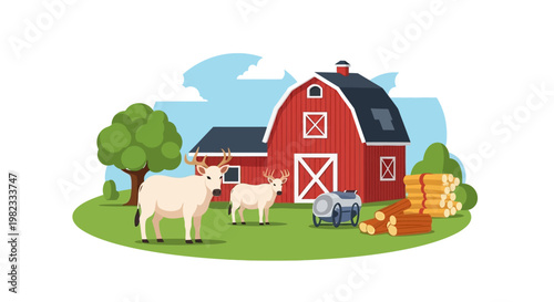 Cartoon barn scene with grazing cattle and stacked lumber outdoors