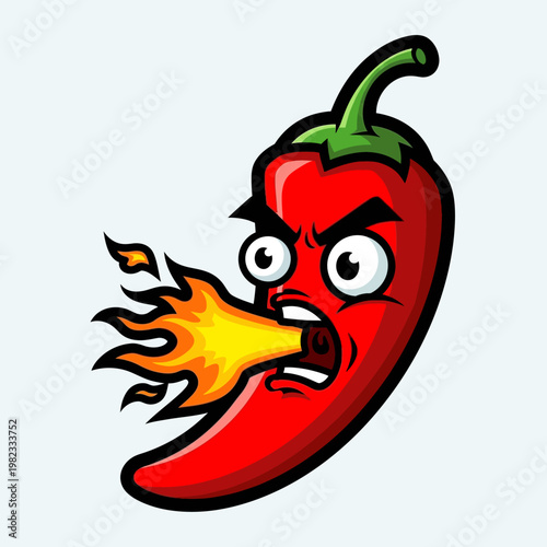 Hot Chili Pepper Cartoon Character Breathing Fire Illustration.