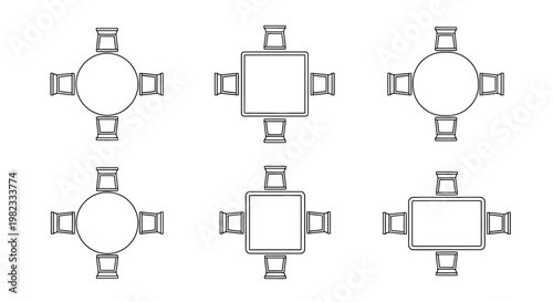 Overhead view of six different table and chair arrangements